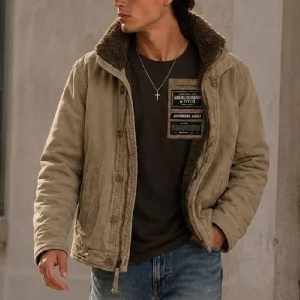 Y2K Vintage Abercrombie & Fitch Men's Adirondack Jacket in Beige Large